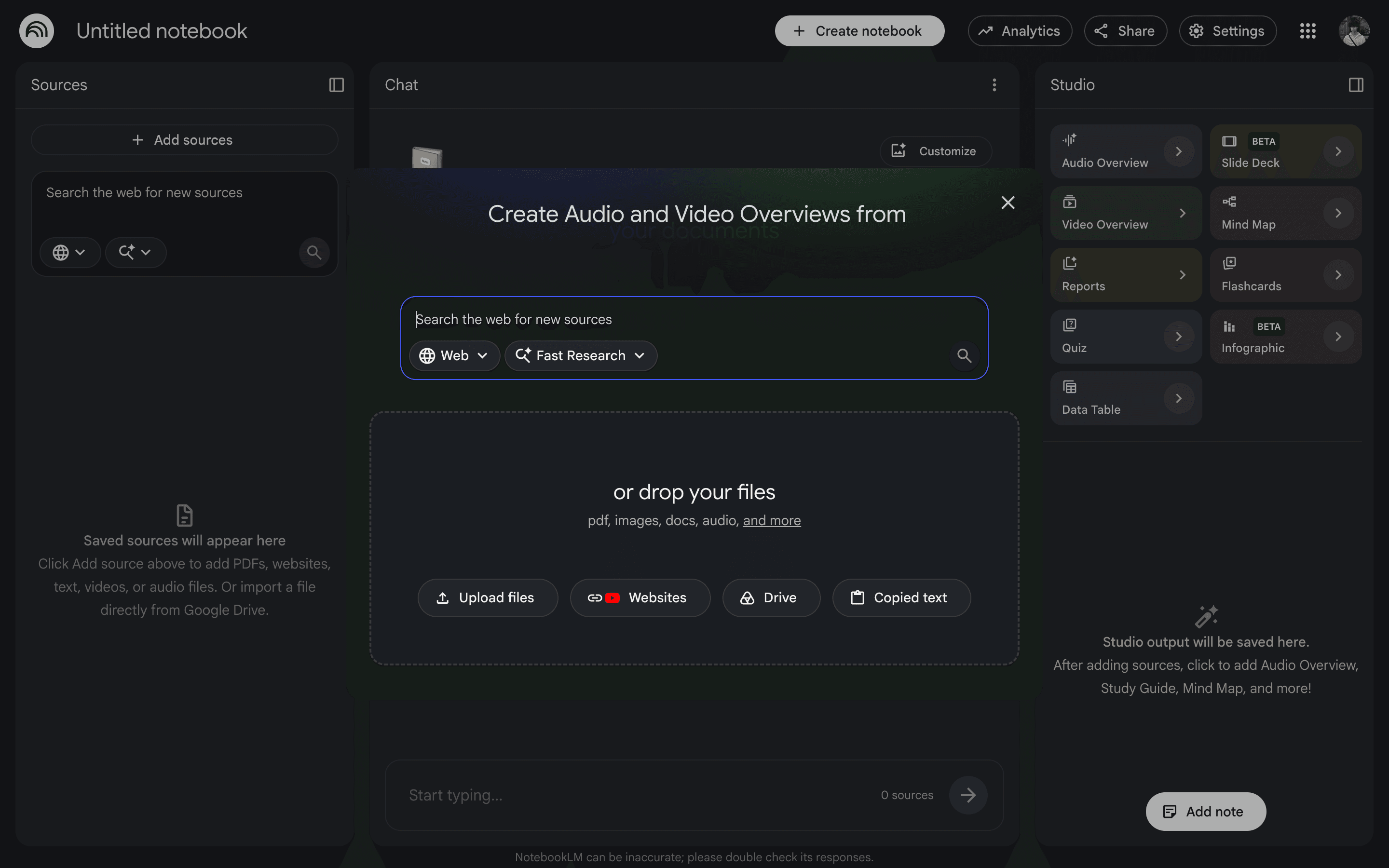 The “add sources” dialog, offering uploads, websites, Google Drive, and pasted text.