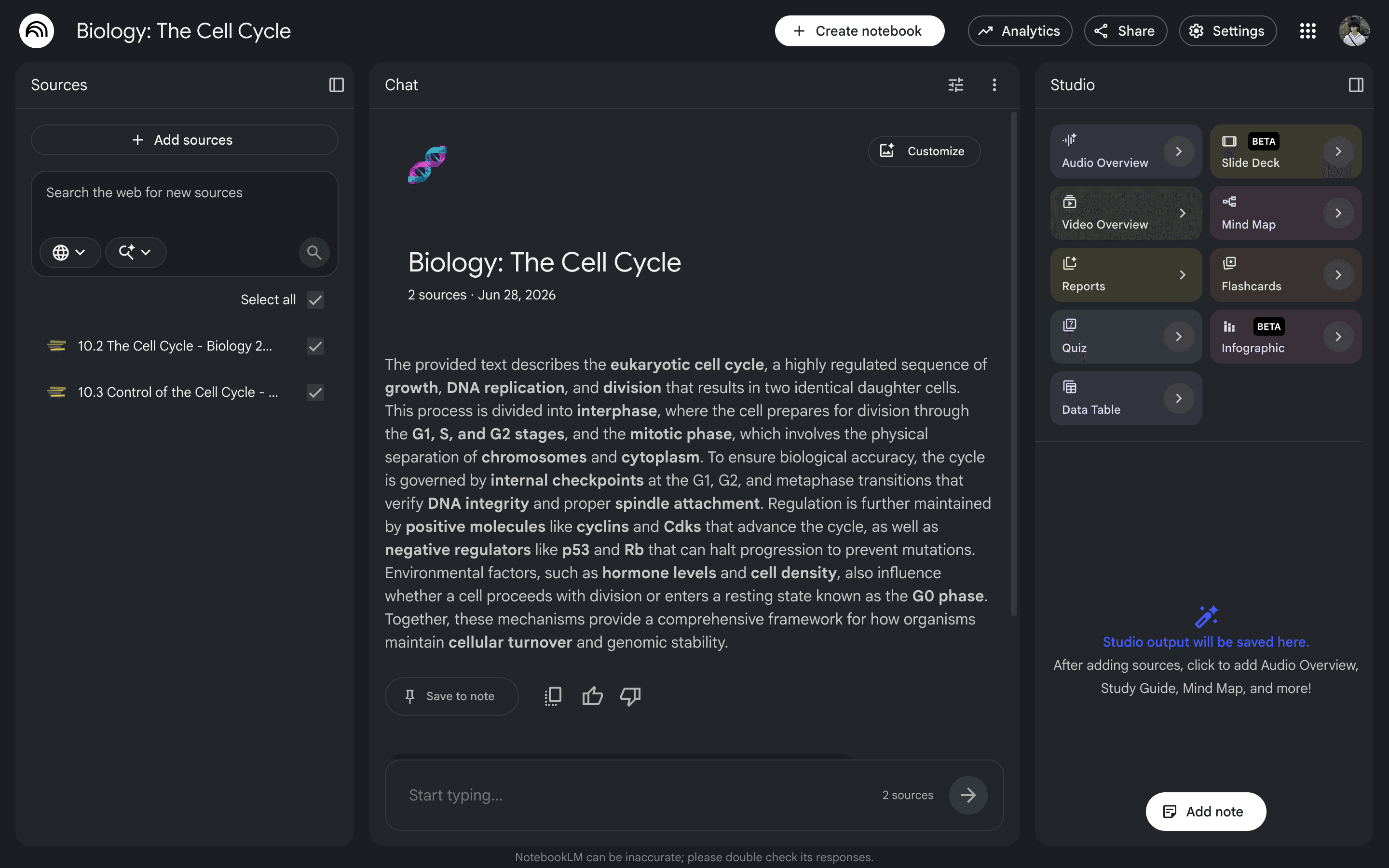 The notebook, now titled “Biology: The Cell Cycle,” with the two chapters loaded as sources.