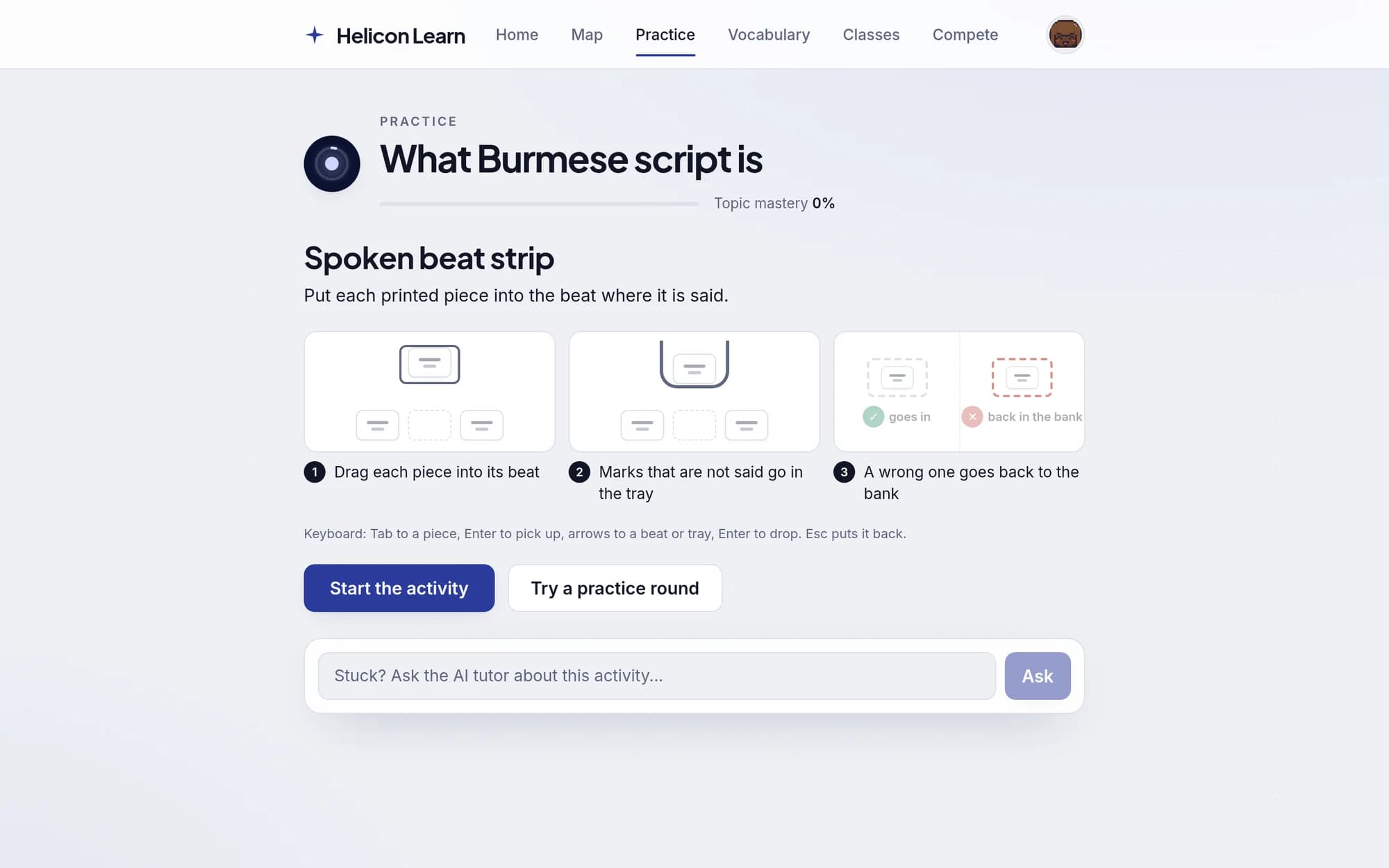A Helicon Learn practice activity with a topic mastery bar and an AI tutor box