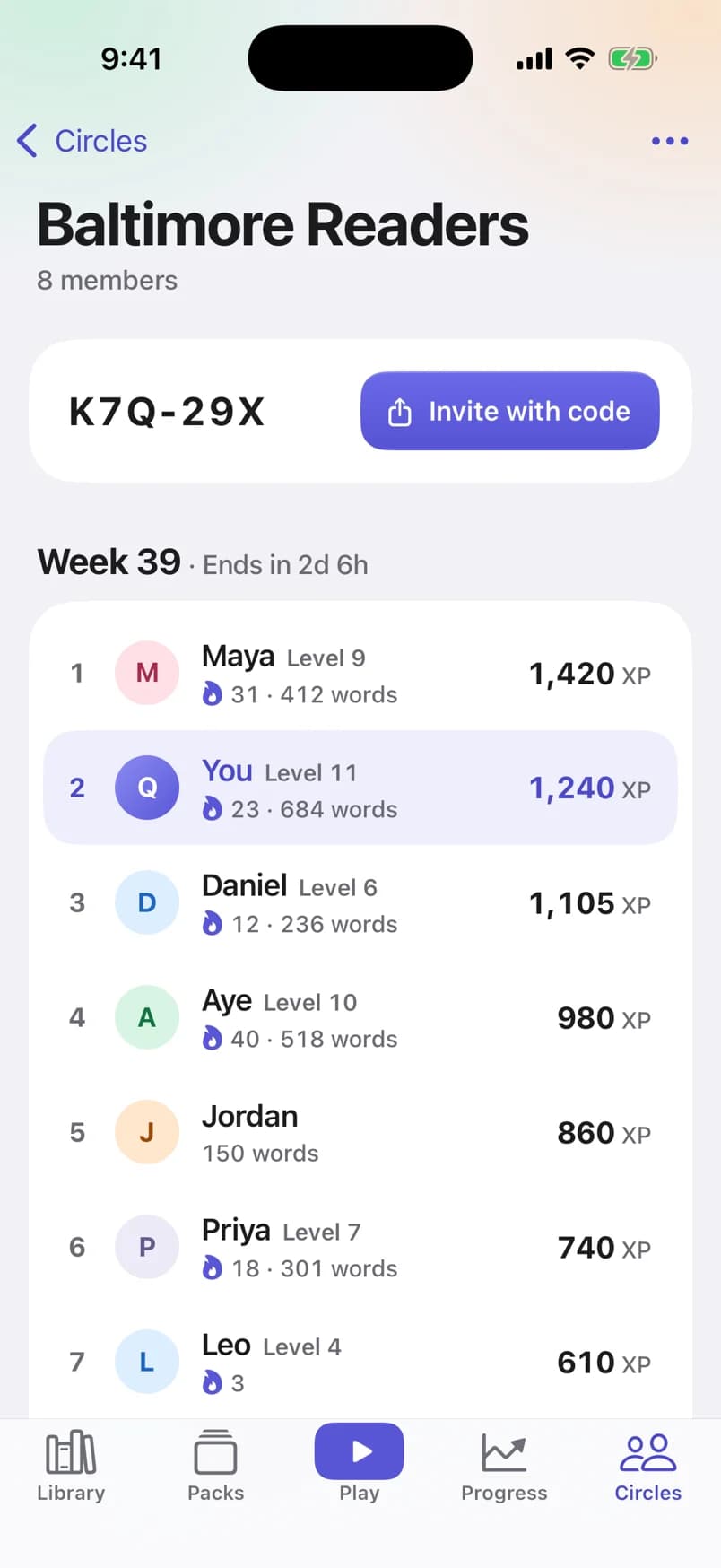A Stellar Vocab Circle with its weekly XP leaderboard