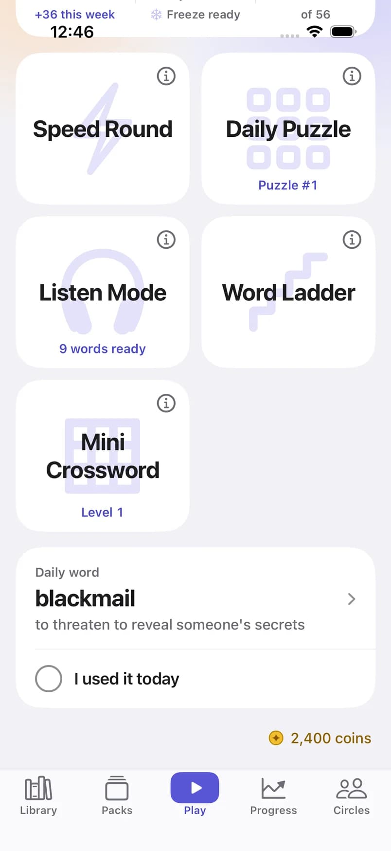 The Daily Word card and the Mini Crossword in Stellar Vocab