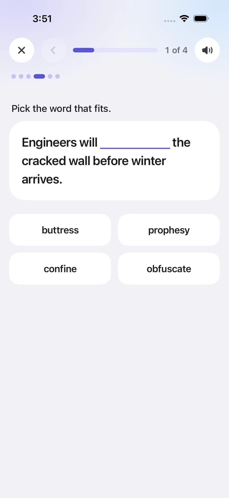 A fill-the-gap question in a Stellar Vocab session