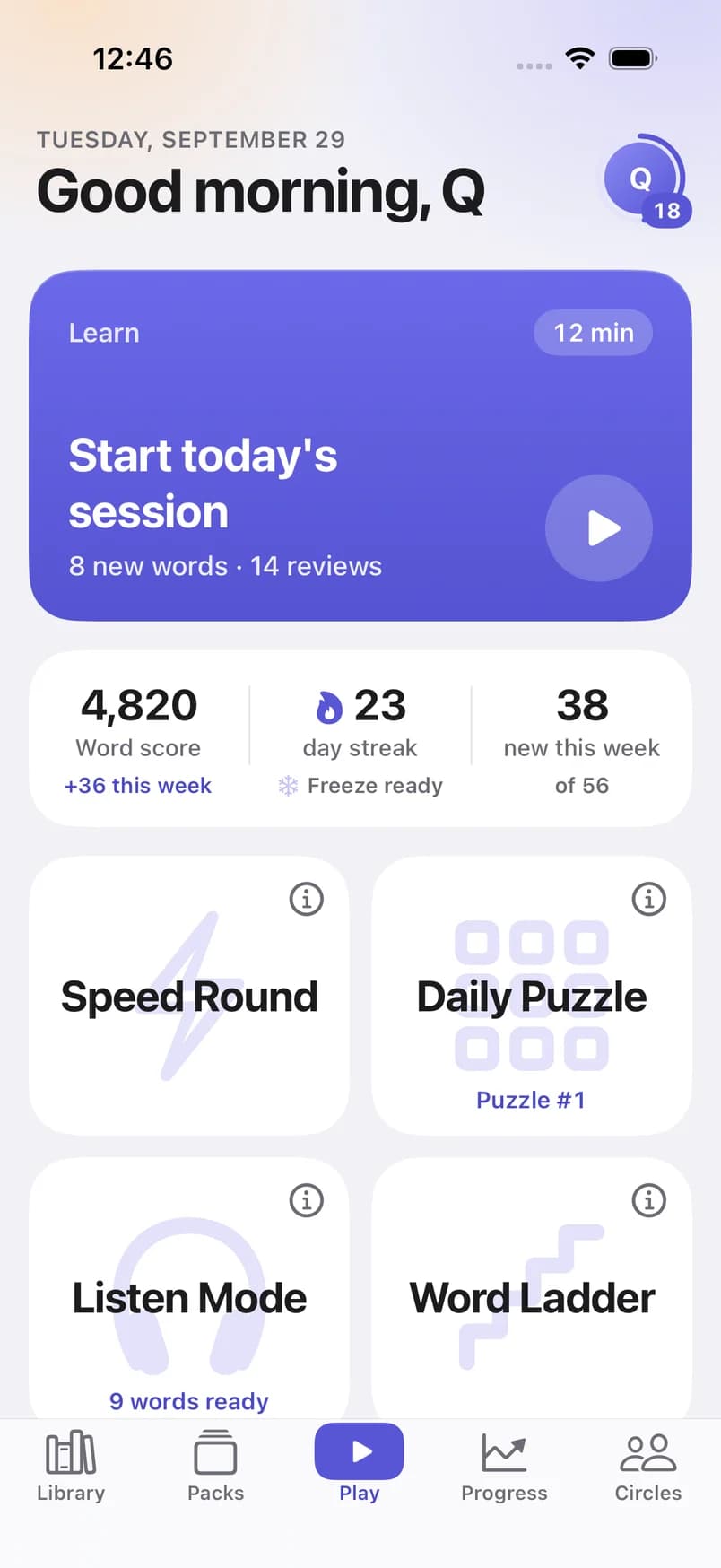 The Stellar Vocab Play tab with the daily session, word score and streak