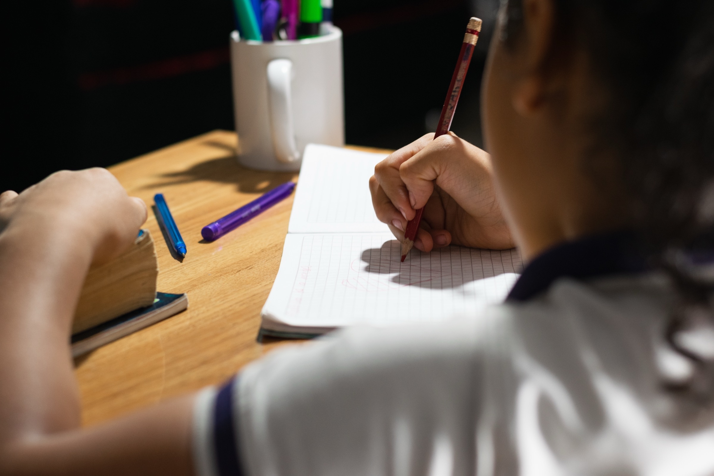 Child writing in a notebook with a pencil
