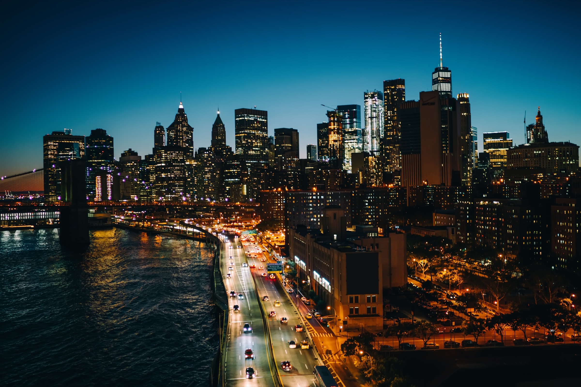 Cityscape of brightly lit skyscrapers
