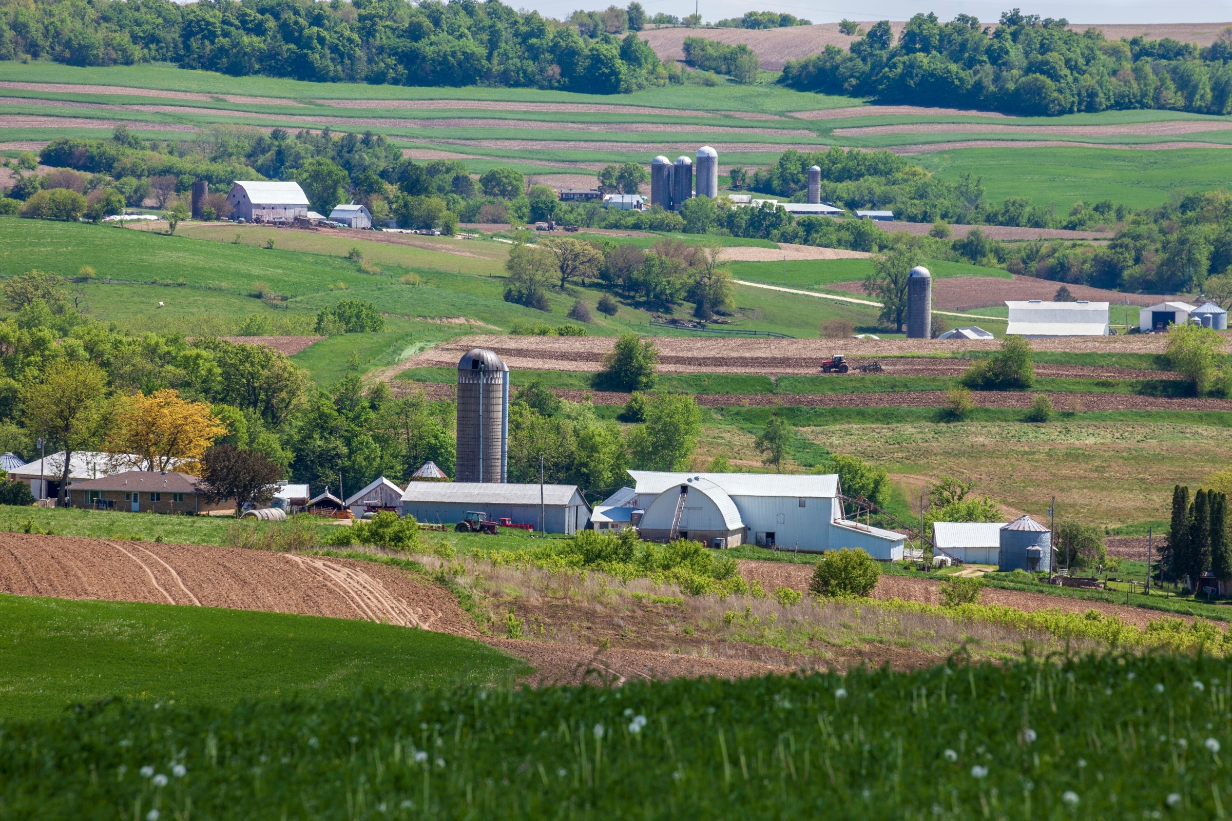 Farms and fields on rolling hills
